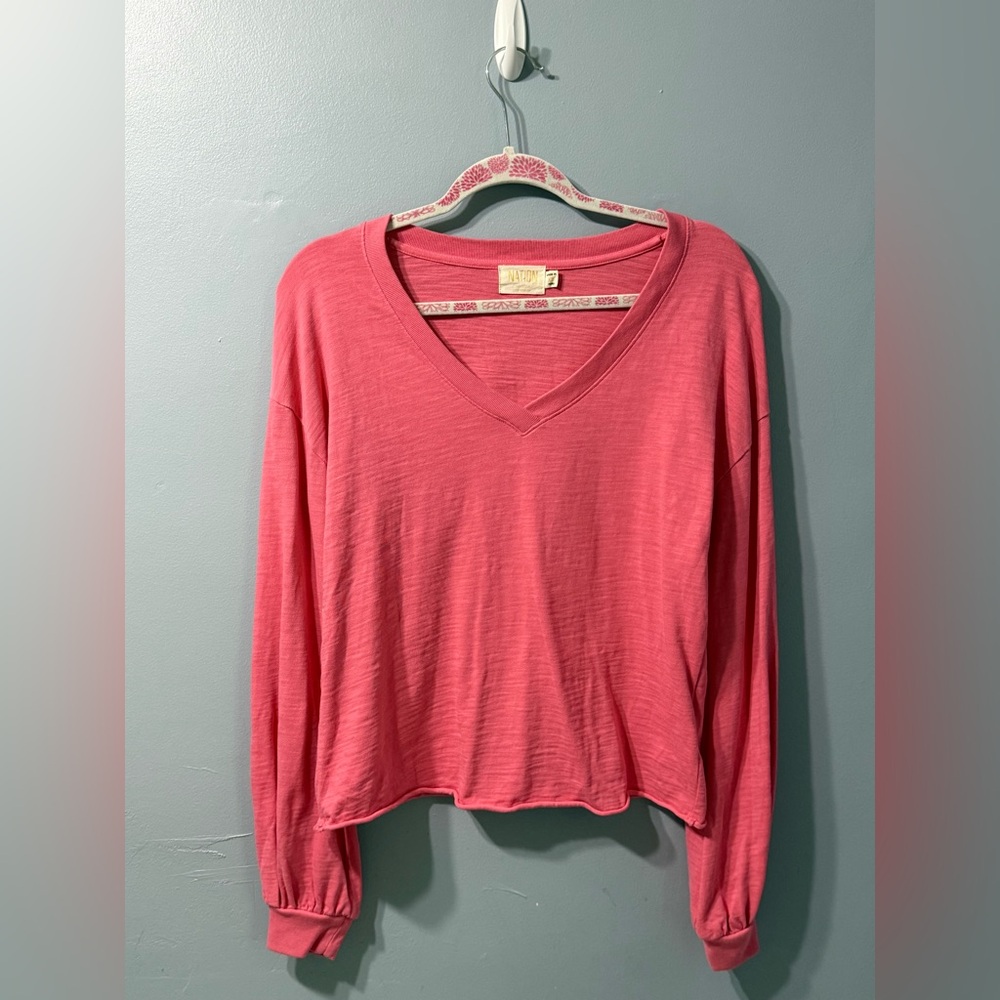 Nation LTD V-Neck Pink Long Sleeve Top Womens XS Cotton Slub Raw Hem Peru - Picture 1 of 7